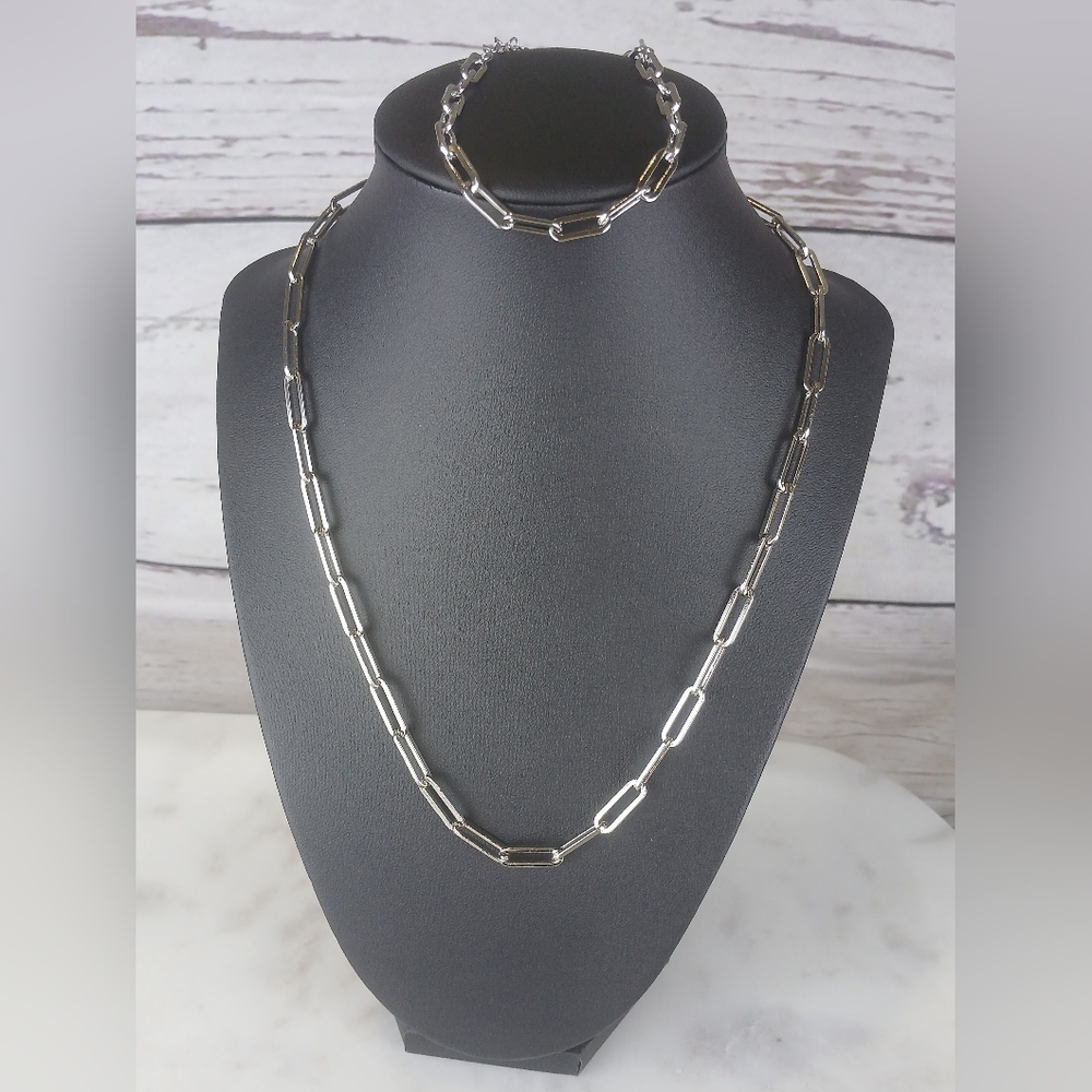 18k Silver Plated Paperclip Necklace and Bracelet Set